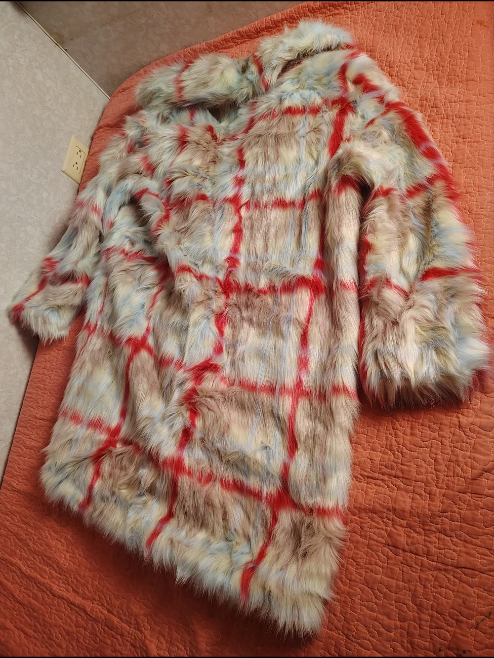 NVLT Girls Faux Fur Plaid Pea Coat in Cream, Red & Tan